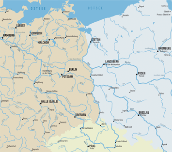 Flusskreuzfahrtradius der Reederei Mike Pickran für das Fluss- und Seengebiet Deutschland, Polen und Tschechien